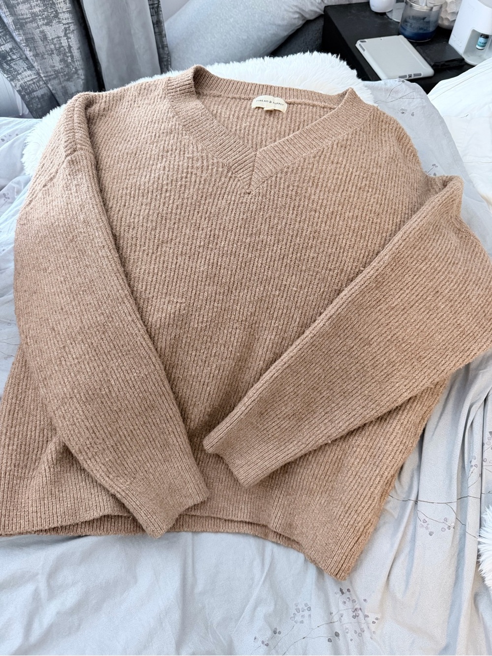 Thread & Supply V‑Neck Ribbed Sweater in Taupe